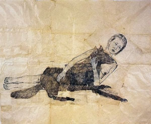'Lying_with_the_Wolf',_ink_and_pencil_drawing_by_Kiki_Smith,_2001